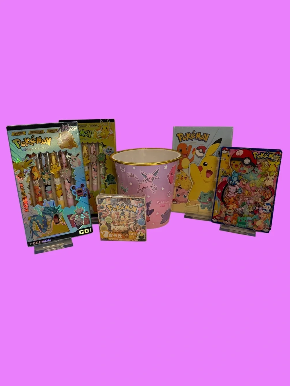 Pokémon Stationery Bundle | Acrylic Shaker Notebook + Desk Trash Bin + pens